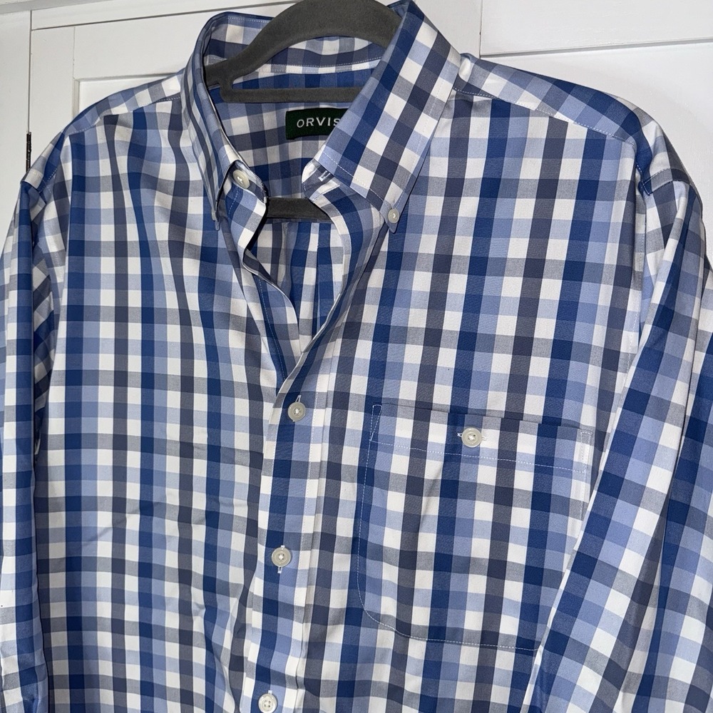 Orvis Men's Gingham Check Button Down Shirt Mens Medium Blue 100% Cotton Preppy